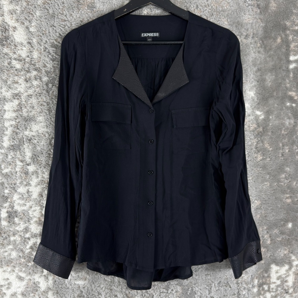 Express Size XS Snake Print Trim Casual Button Top Black V Neck Long Sleeve